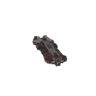 A 3D model of a heavy industrial spaceship, featuring a dark red and grey hull with prominent engines and functional details.