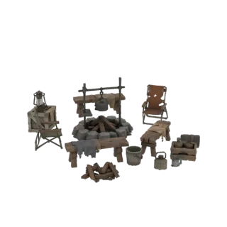 3D model of a rustic campsite scene with a stone fire pit, wooden bench, chair, lanterns, and firewood.