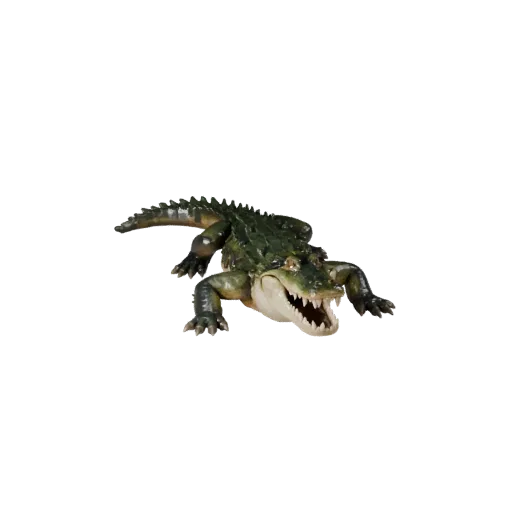 Modèle 3D d'alligator low poly, vue de côté caméra de gameplay, asset animal low-poly avec rupture d'écailles, plaques de mâc
