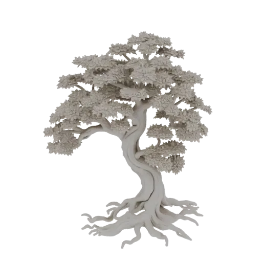 3D model of a gnarled, ancient tree with a twisted trunk, detailed leaves, and sprawling roots, rendered in a neutral tone.