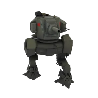 3D model of a green, bipedal walker mech with a large turret on its body and articulated legs.