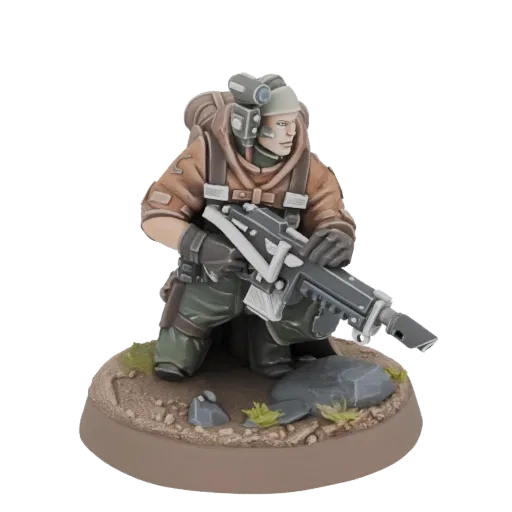 3D model of a kneeling soldier with a futuristic rifle, wearing tactical gear and a backpack, on a textured base.