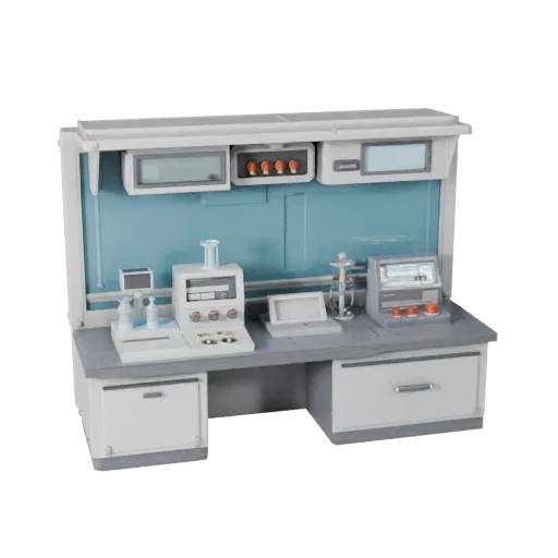 Research Containment Pod Low Poly 3D model, game viewport three-quarter view, showing clean metal, bench-top devices.