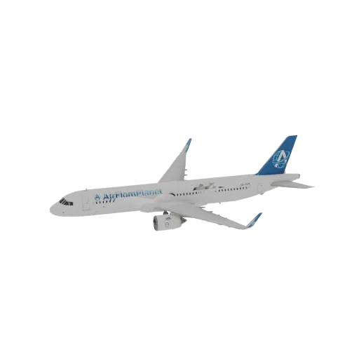 Modello 3D di un aereo passeggeri AirflomPlanet bianco con accenti blu, isolato su sfondo bianco.