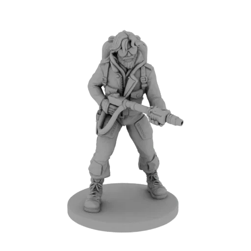 3D model of a wasteland survivor with a flamethrower and backpack, standing on a circular base.