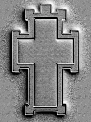 3D model of a bas-relief cross with a crenellated crown, gray, with pronounced relief and shadows