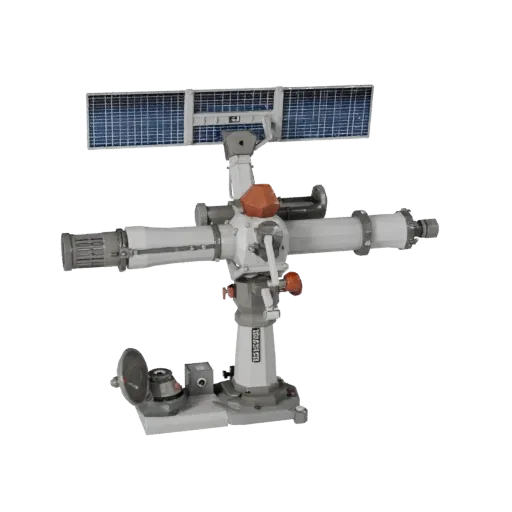 Research Telescope Low Poly 3D model, game viewport three-quarter view, showing metal tubes, optical alignment.