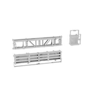Modèle 3D d'un conteneur industriel avec un cadre de levage et une palette, rendu dans un matériau gris neutre.