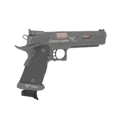 3D model of a Combat Master Pistol with a matte gray finish and rose-gold accents, displayed against a white background.