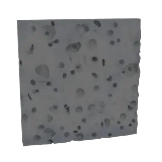 3D-Render eines grauen Blocks mit zahlreichen unregelmäßigen Löchern und einer rauen, porösen Textur, isoliert auf weißem Hin