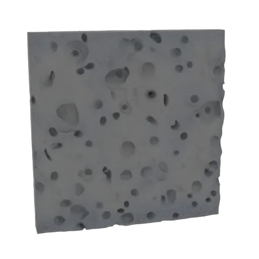 3D render of a gray block with numerous irregular holes and a rough, porous texture, isolated on a white background.