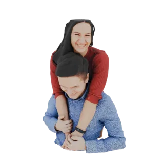 3D model of a young couple in a playful piggyback ride, both smiling joyfully.