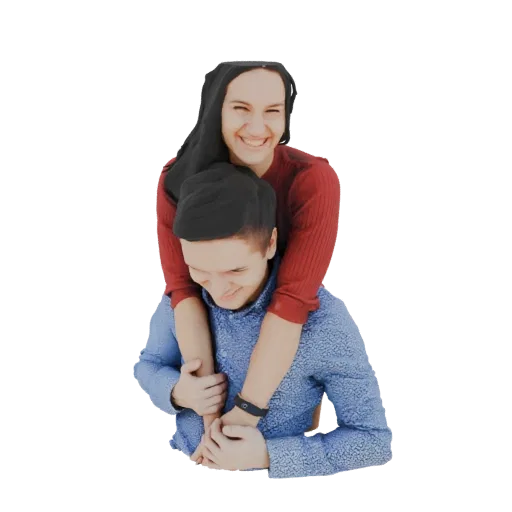 Modèle 3D d'un jeune couple en porté ludique, souriant joyeusement.
