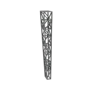 Modelo 3D de uma torre treliçada cônica cinza com estrutura de treliça, vista de um ângulo ligeiramente baixo contra um fundo