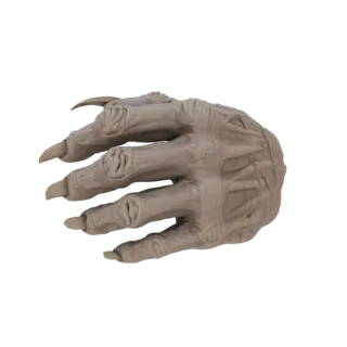 Modelo 3D de uma mão alienígena grotesca com garras afiadas e pele detalhada e coriácea, renderizado sobre fundo preto.