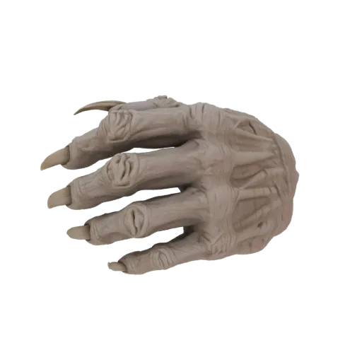3D model of a grotesque alien hand with sharp claws and detailed, leathery skin, rendered against a black background.