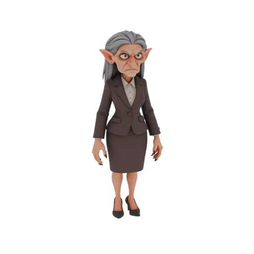 3D model of Baba Yaga depicted as a stern businesswoman in a brown suit, standing against a white background.