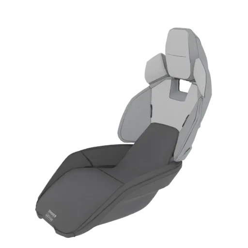 3D model of a racing bucket seat with dark grey and light grey upholstery, featuring a headrest and side bolsters.