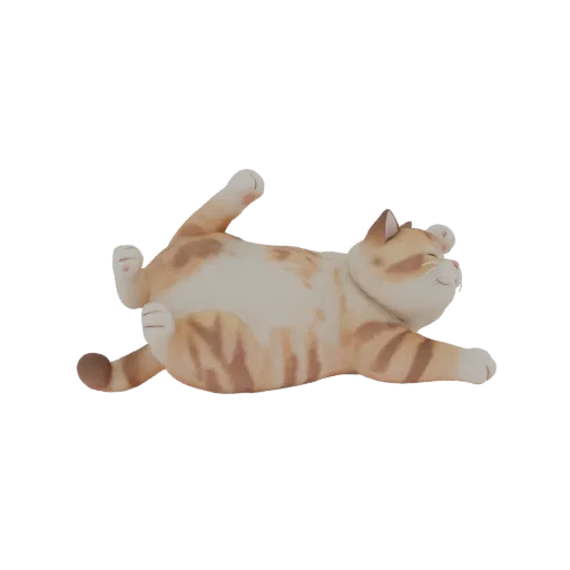 3D model of a plump ginger cat lying on its side with closed eyes and a smile, all paws stretched out