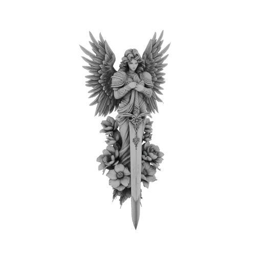 3D model of a winged angel in armor holding a sword, with flowers at its base, rendered in grayscale.