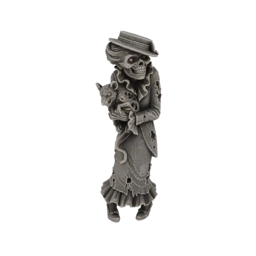 3D model of a gothic skeleton woman in tattered Victorian clothing holding a skeletal rat, against a white background.