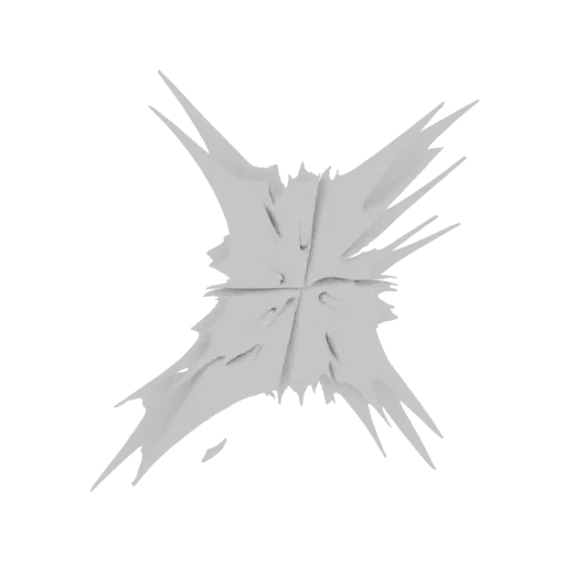 Render 3D de una explosión abstracta gris con picos radiantes afilados sobre un fondo blanco.