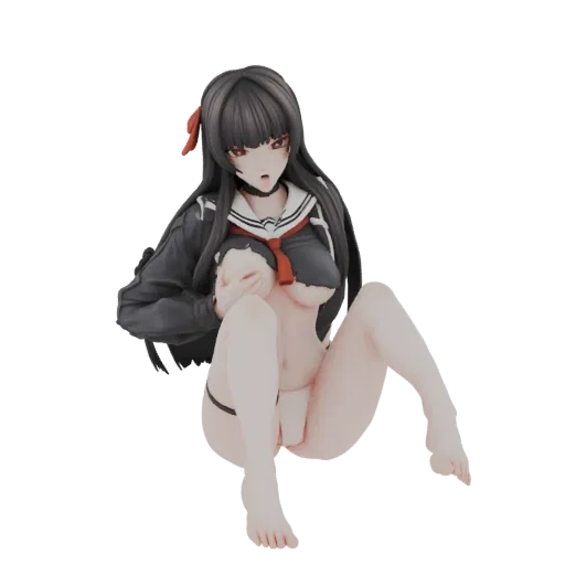 3D model of an anime schoolgirl with long black hair, a red bow, and a school uniform, posed sitting down.