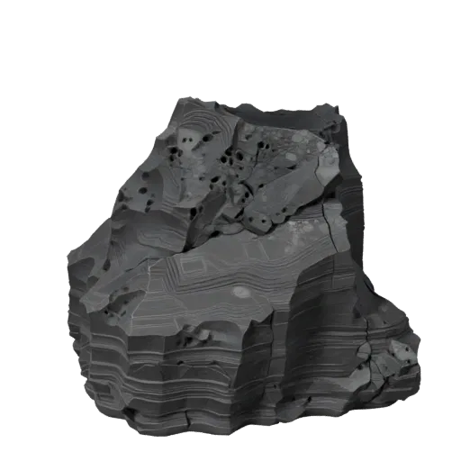 Volcanic Obsidian Rocks 3D model, stylized isometric environment render, showing stratified stone, terrain detail.