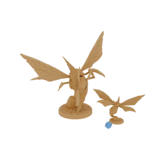 A 3D model of a large, detailed giant wasp with spread wings, standing on a textured base, with a smaller wasp figure nearby.