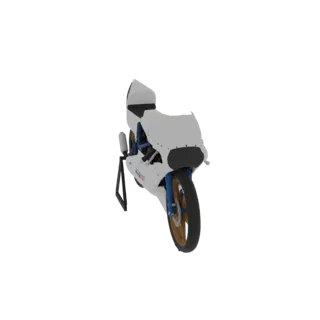 Modello 3D di una moto da corsa bianca con sospensioni blu e ruote dorate, esposta su un supporto nero.