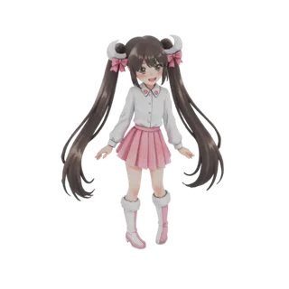 3D model of a cute anime girl with long brown twin tails, pink bows, white shirt, and pink pleated skirt, standing and smilin