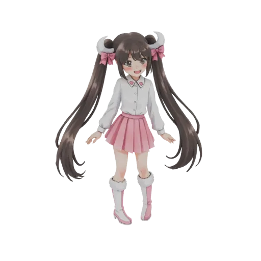 Modello 3D di una ragazza anime carina con lunghe code castane, fiocchi rosa, camicia bianca e gonna rosa plissettata, in pie