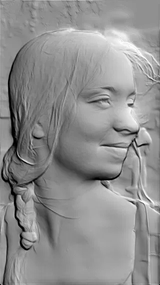 3D model of a girl with braid bas-relief, profile view, with braided pigtail, detailed hair texture