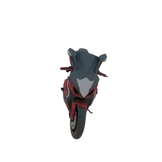 Vista frontale di un modello 3D di moto sportiva rossa e grigia su sfondo bianco.