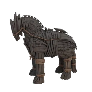 A detailed 3D model of the Trojan Horse, constructed from wooden planks and bound with ropes, presented against a white backg