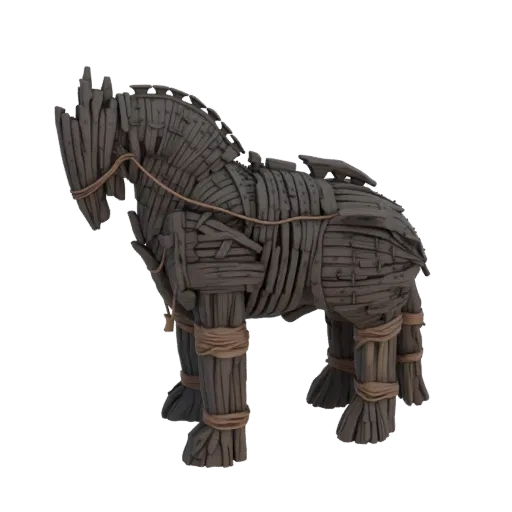 Um modelo 3D detalhado do Cavallo de Troia, construído com tábuas de madeira e amarrado com cordas, apresentado sobre um fund