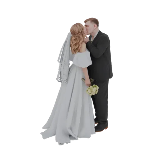 3D model of a bride in a white wedding dress and a groom in a black suit kissing, holding a bouquet of white roses.