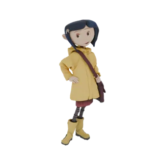 3D model of Coraline wearing a yellow raincoat and carrying a brown satchel, posed with one hand on her hip.