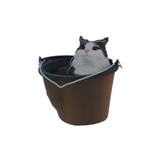 3D model of a black and white cat sitting inside a brown bucket, looking towards the viewer.