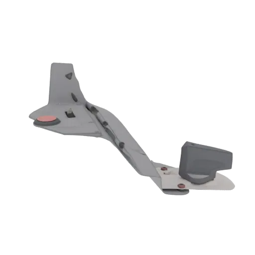 Modello 3D componente aereo futuristico con superfici grigie angolari e dettaglio rosso circolare.