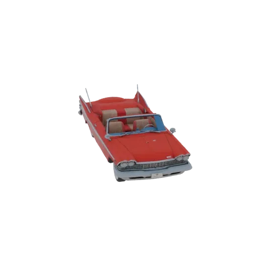 A 3D render of a classic red 1950s convertible car with its top down, set against a black background.