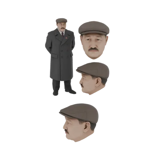 3D-Modell eines Mannes in einem grauen doppelreihigen Mantel und einer braunen Schiebermütze, mit separaten Kopfansichten.
