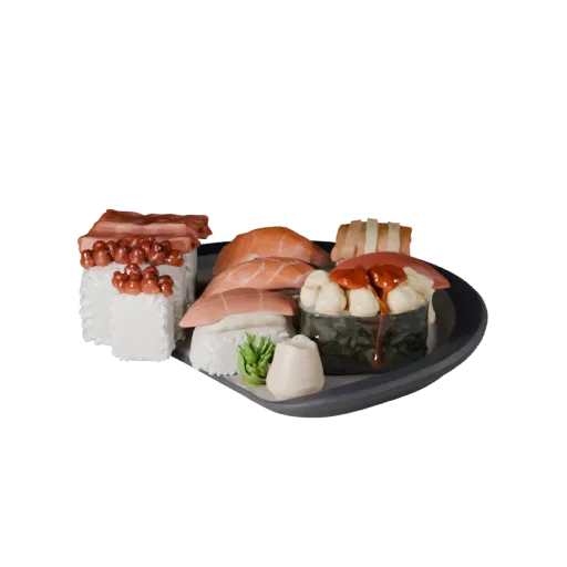 Gourmet Sushi Set Realistic 3D model, three-quarter studio render, showing sauces, plated composition.