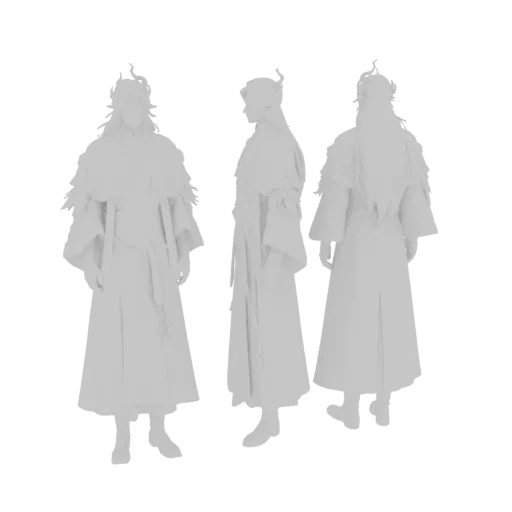 3D model of a fantasy warrior in ornate robes, shown from front, side, and back views, with a detailed headdress.
