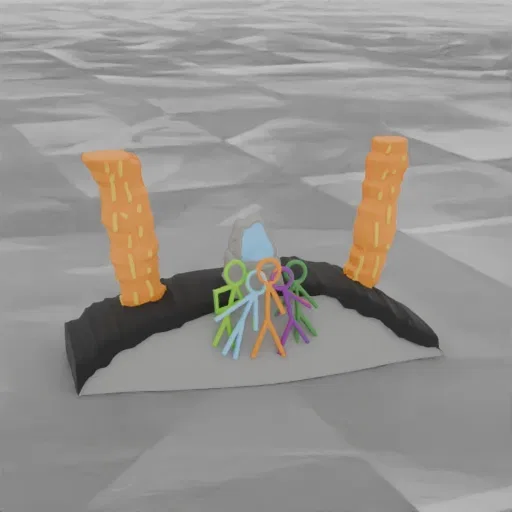 A 3D render of a miniature rocky island with two stylized palm trees and five colorful stick figures standing together.