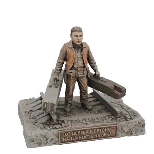 3D model of a worker standing on a diorama base with railroad tracks, holding wooden ties.