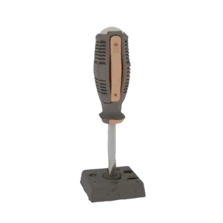 Modello 3D di supporto per avvitatore, in piedi sulla sua base, con una punta di cacciavite inserita.