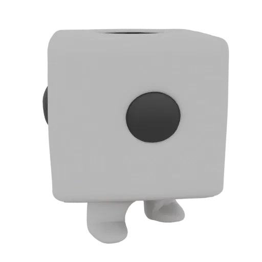 Modello 3D personaggio cubo in stile minimalista con due occhi neri e piedini corti su sfondo bianco.
