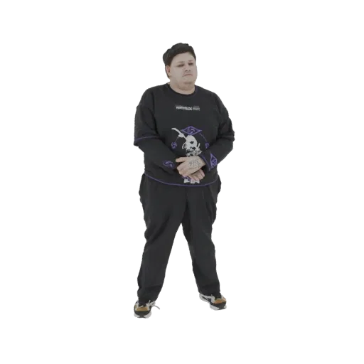 3D model of a man standing, wearing a black graphic sweatshirt with purple trim and black sweatpants.