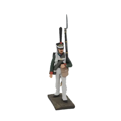 3D model of a French Line Infantryman from 1812, standing with a musket and bayonet, wearing a green coat and white trousers.